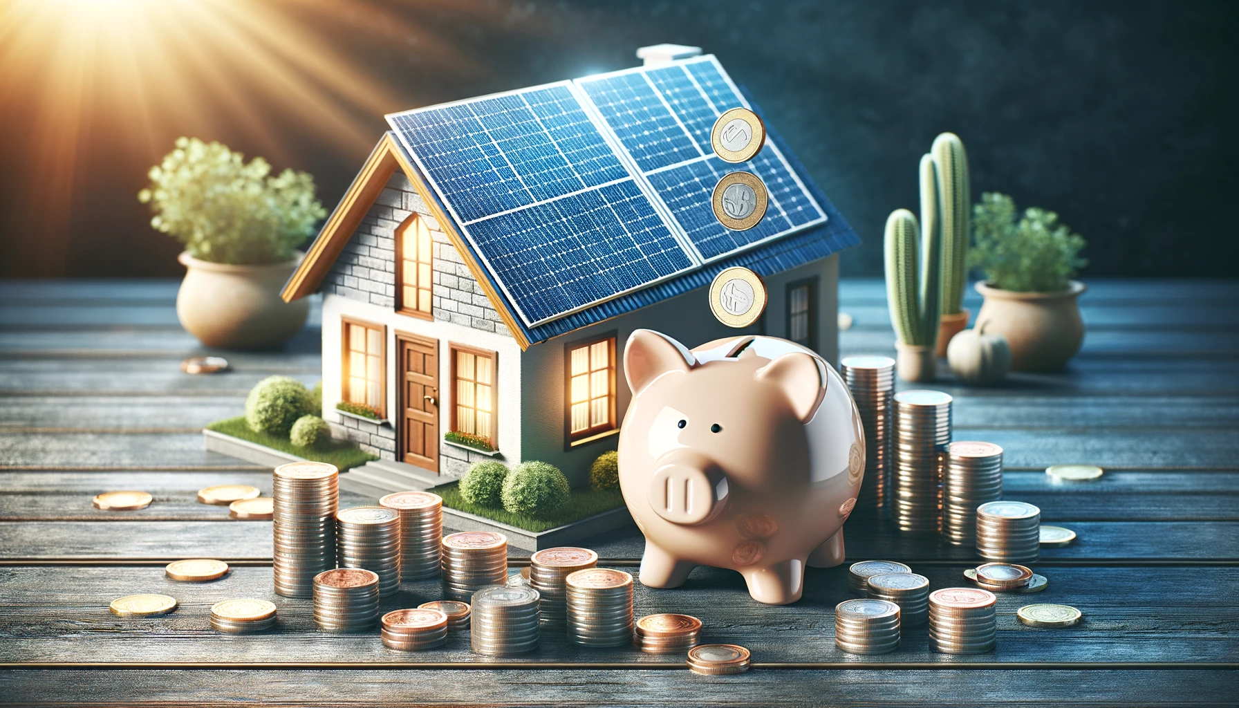 Image of a house with solar array on roof with a large pig surrounded by stacks of coins to represent savings