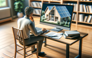 Person at a desk using a computer to view a 3D model of a house with solar panels, with books and documents nearby in a study or office setting.