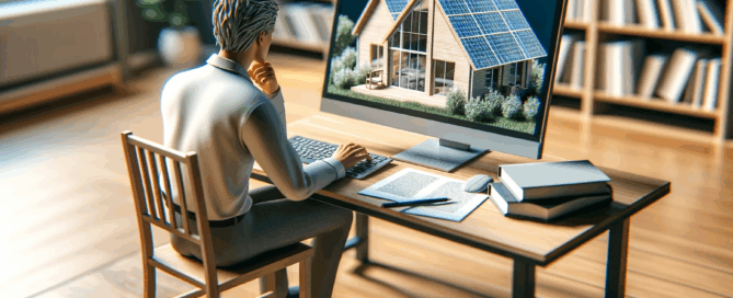 Person at a desk using a computer to view a 3D model of a house with solar panels, with books and documents nearby in a study or office setting.
