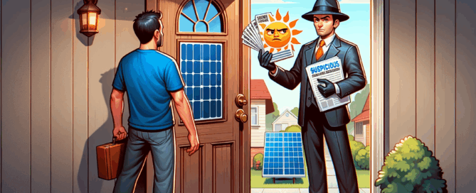 A person standing at their front door is talking to a suspicious-looking salesman holding solar-related materials, with solar panels visible in the background.