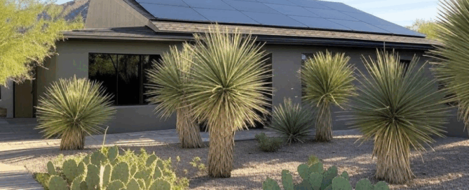 Modern home with rooftop solar panels installed by Sun Energy Today, surrounded by desert plants, showcasing sustainable energy solutions for arid climates.
