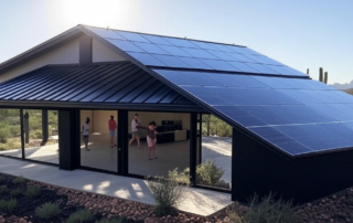 Contemporary building with expansive solar panels installed by Sun Energy Today, blending innovative design and sustainable energy in a desert landscape.