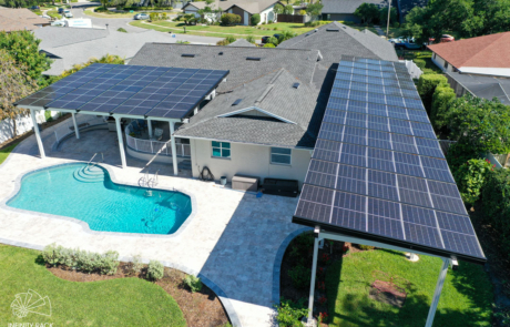 Sun Energy Today Infinity Rack solar canopy installation over residential patio and pool, generating clean renewable energy while providing shade. Sun Energy Today Infinity Rack solar canopy installation over residential patio and pool, generating clean renewable energy while providing shade.