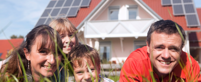 Residential rooftop solar panels powering a family home with parents and children enjoying clean energy savings in Arizona, Sun Energy Today